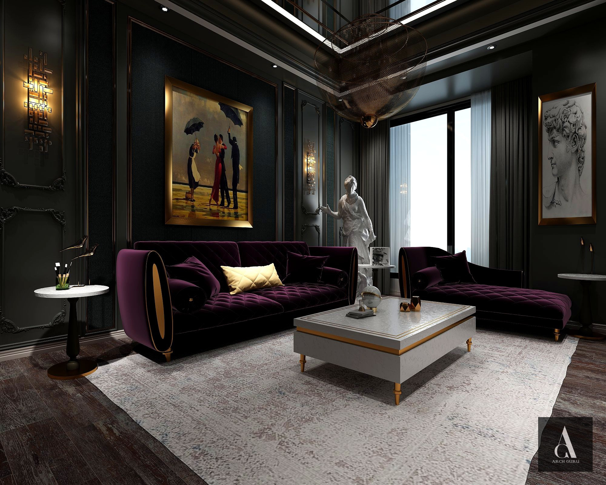 Dark Glamour Living Room — Moody Neo-Classical