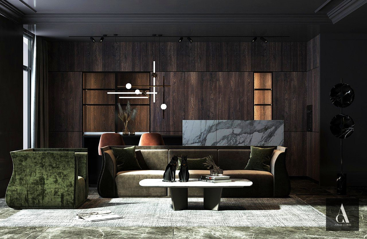 Dark Minimalist Living — Forest Green & Walnut