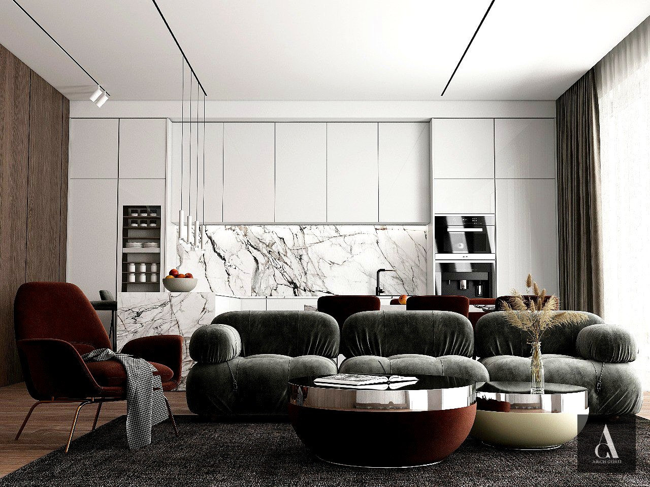 Open Plan Living — Bouclé & Marble Kitchen