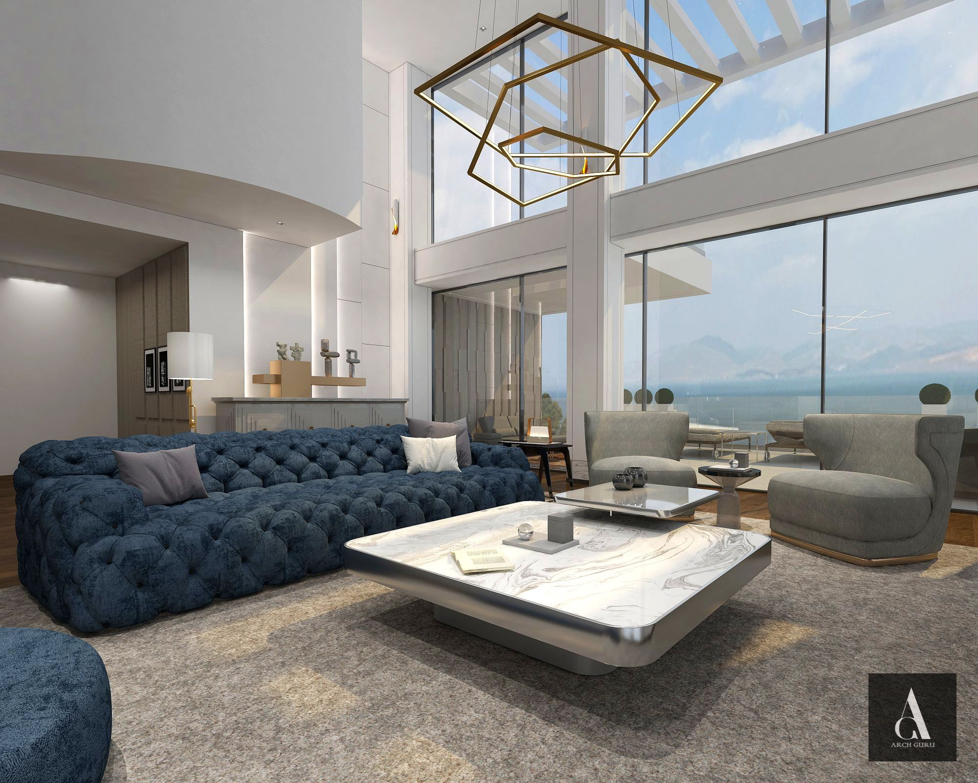 Penthouse Living Room — Blue Velvet & Sea Views