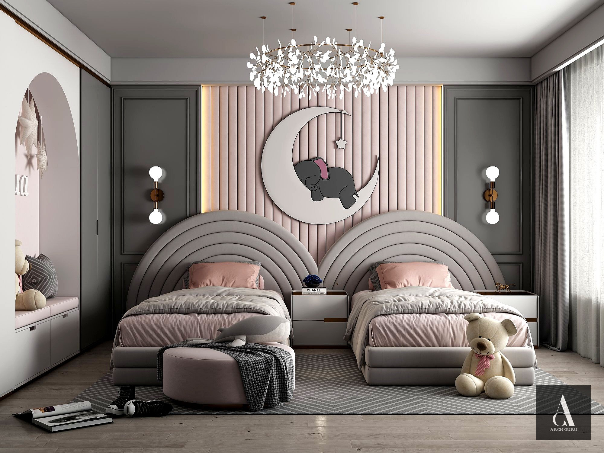 Girls' Twin Bedroom — Pink & Grey