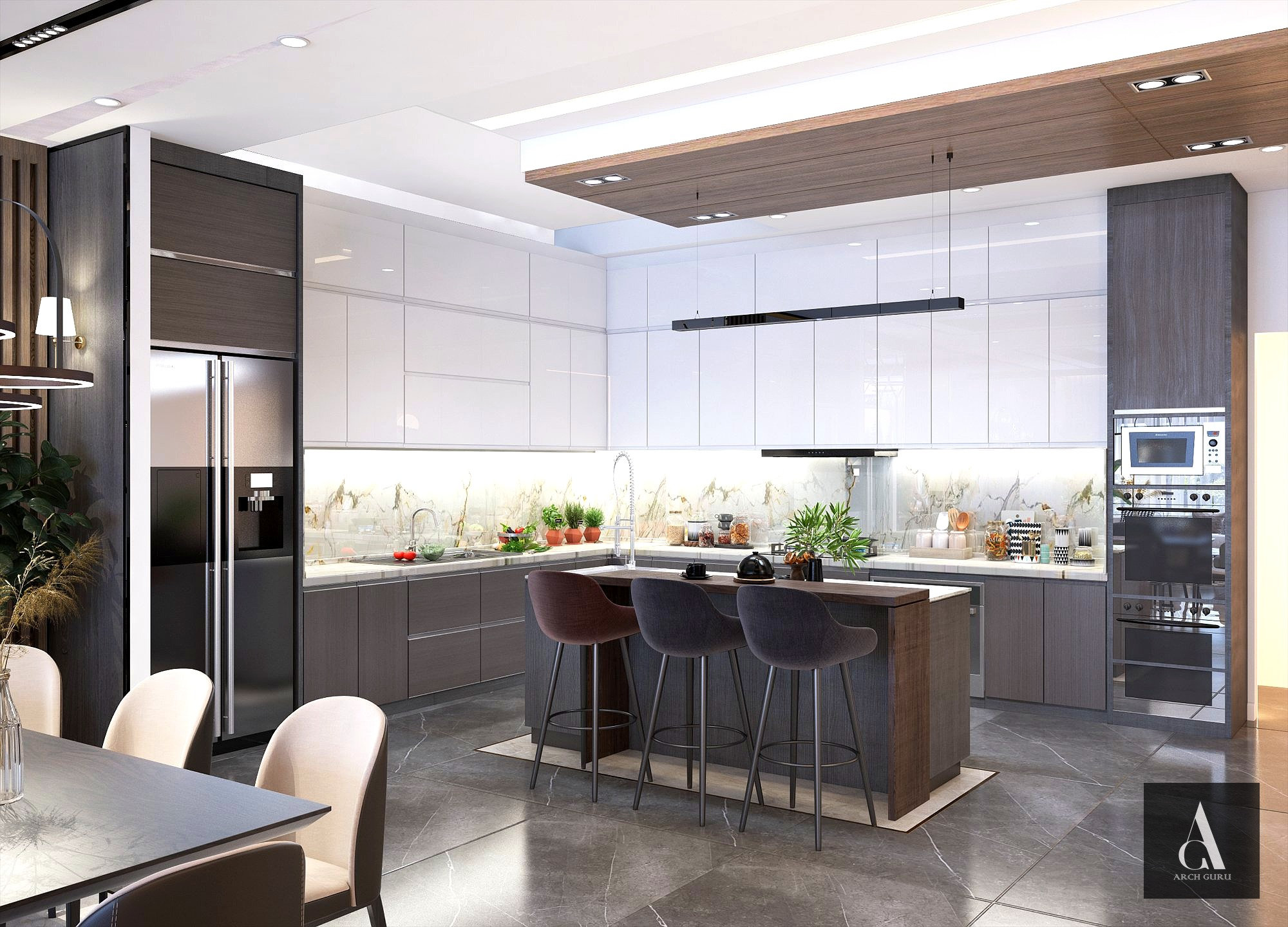 Open Plan Kitchen — White Gloss & Walnut