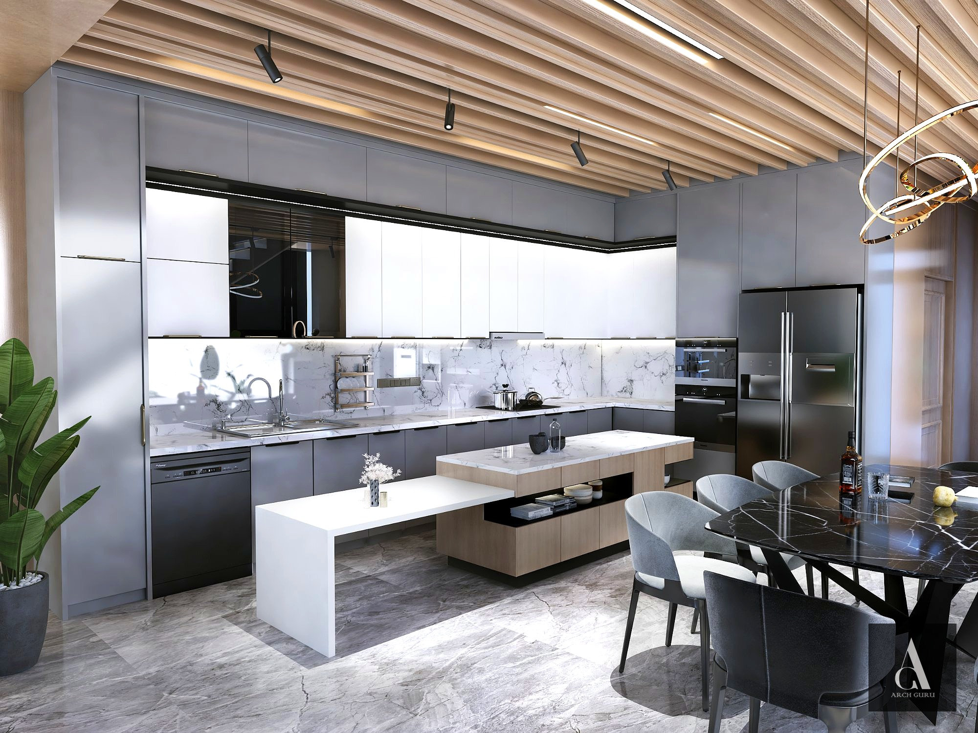 Contemporary Kitchen — Timber Ceiling